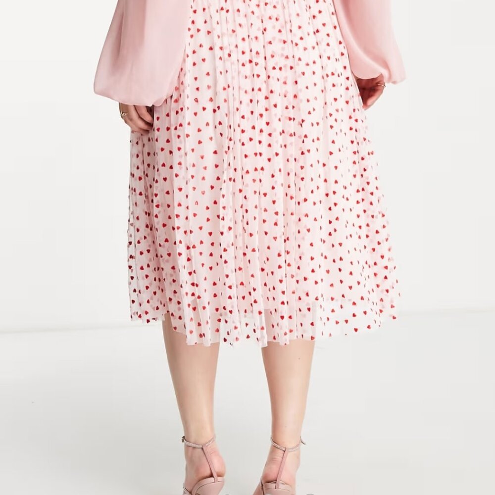 Lace & Beads tulle midi skirt in blush micro heart print - Picture 2 of 13